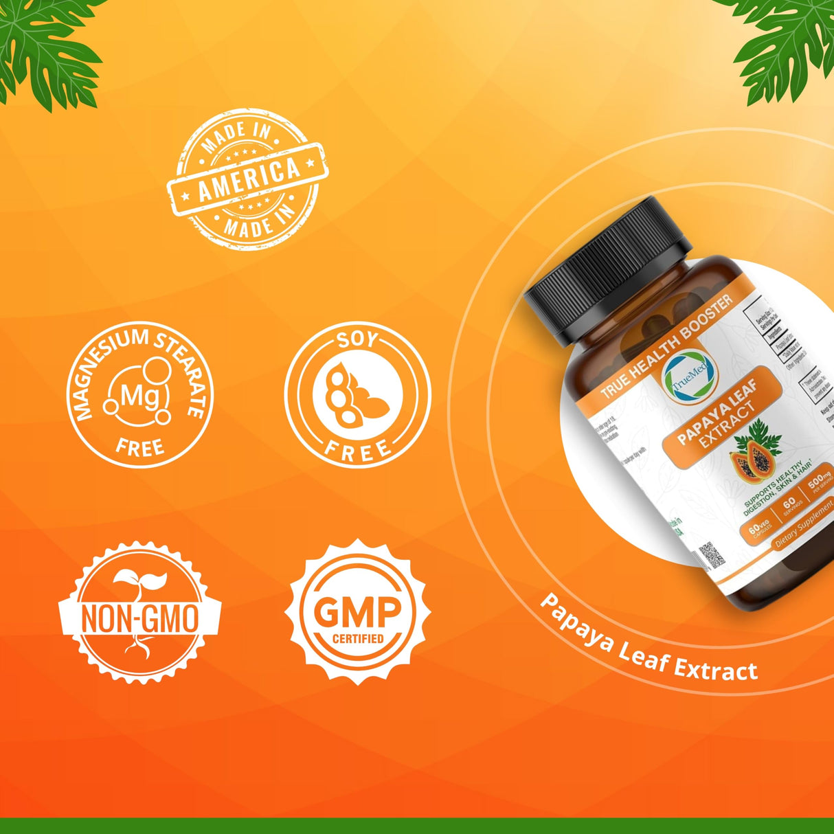 Papaya Leaf Extract 500 mg for Hair, Skin with 4X Extra Strength Support Blood Platelet with 60 Capsules for 60 Days Supports Digestive Health & Natural Antioxidant