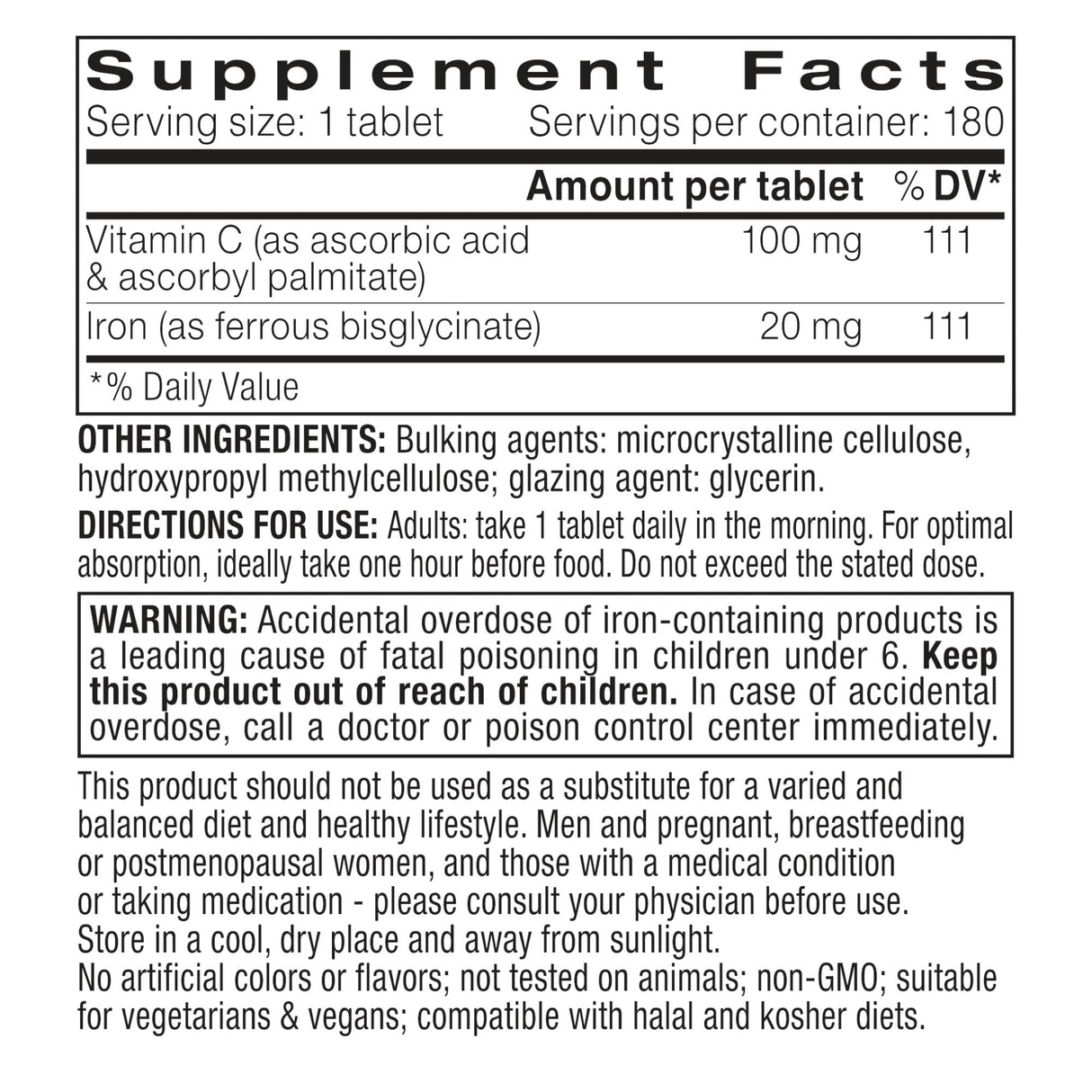 Igennus Clean Iron Bisglycinate 20mg, Vitamin C, 6 Month Supply, Gentle Chelated High Absorption Formula & Targeted Release Ferrous Bisglycinate for Women and Men, One Daily, Vegan, 180 Tablets
