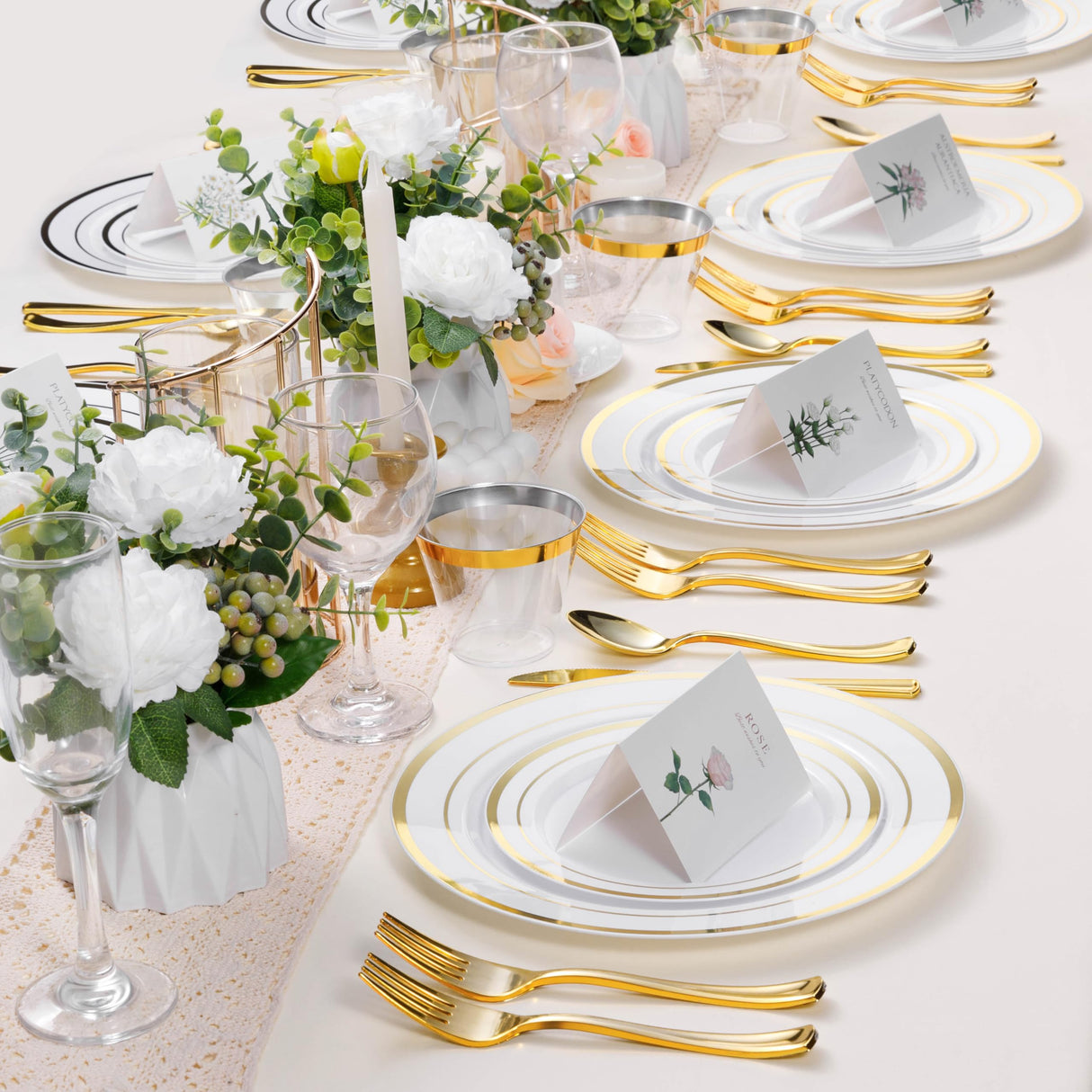 BESTSTAR 100PCS White Plastic Plates for Party, 10.25 Inch Disposable Plates with Gold Rim, Heavy Duty Dinner Plates for Christmas, Thanksgiving, Party, Wedding and Birthday