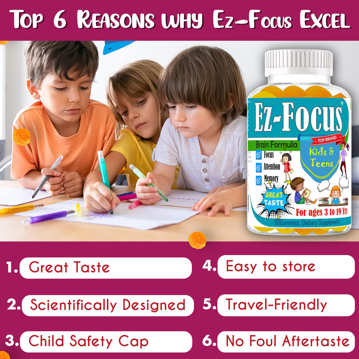 Ez Focus Gummies for Kids Brain Focus Support Chewable Focus Kids Vitamins Attention Supplement for Kids Children and Teens Kids Gummies for Focus Calming Natural Omegas DHA School Study Task