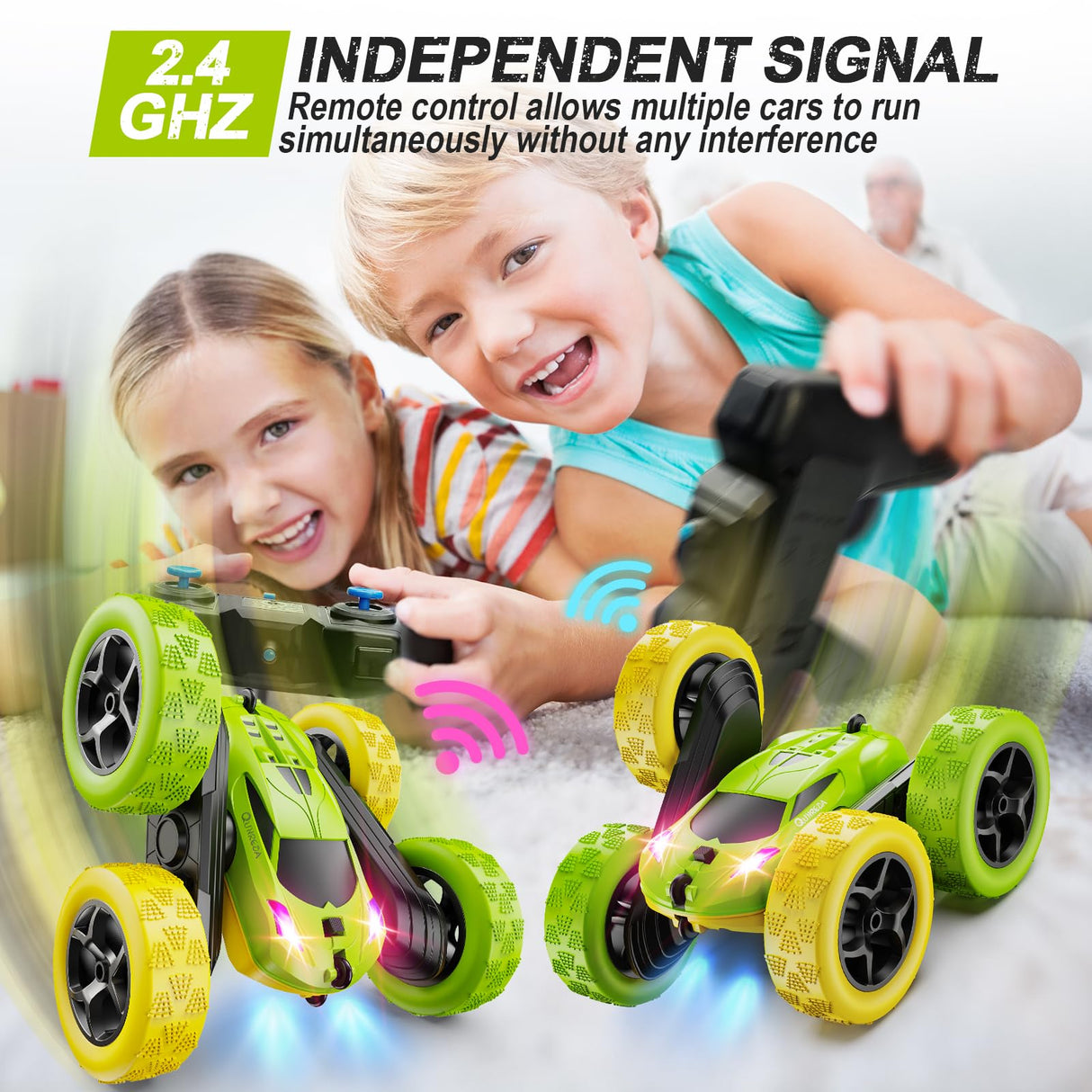 QUNREDA Remote Control Car, RC Car Toys for 6-12 Year Old Boys, Off Road RC Stunt Car 4WD 360° Rotating Remote Control Car for Kids, Boys Girls Gifts for Birthday, Christmas Yellow&Green