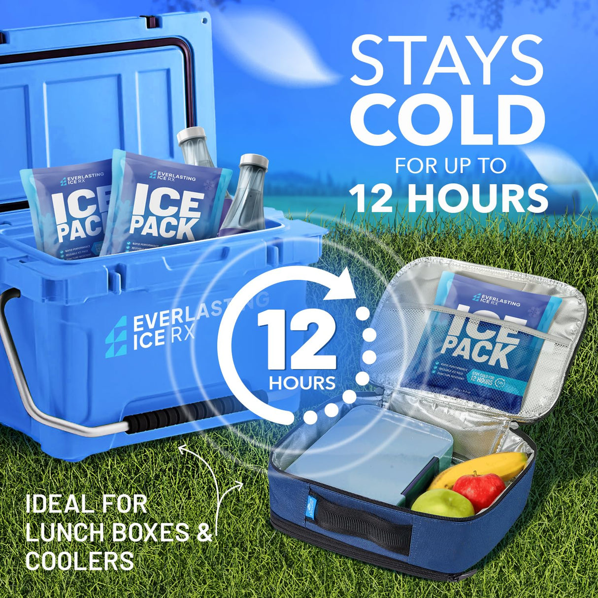 Rapid Performance Reusable Ice Packs for Coolers or Lunch Box | 8 Combo Pack | Cold for Up to 12 Hours | Ice Packs for Cooler, Long Lasting for Camping, Beach