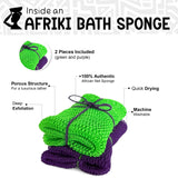 AFRIKI African Net Sponge, African Exfoliating Sponge, Black Owned, Exfoliating Washcloth, Body Exfoliator for Bath and Shower, Back Scrubber, Dead Skin Remover (Green, Purple, 1 Count (Pack of 2))