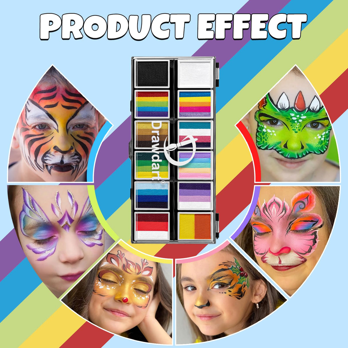 Drawdart Professional Face Painting Kit for Kids & Adults, Split Cake Face Paint Palette 12 x 10gm with Stencil, One Stroke Non Toxic Rainbow Body Paint Set for Halloween & Christmas Makeup