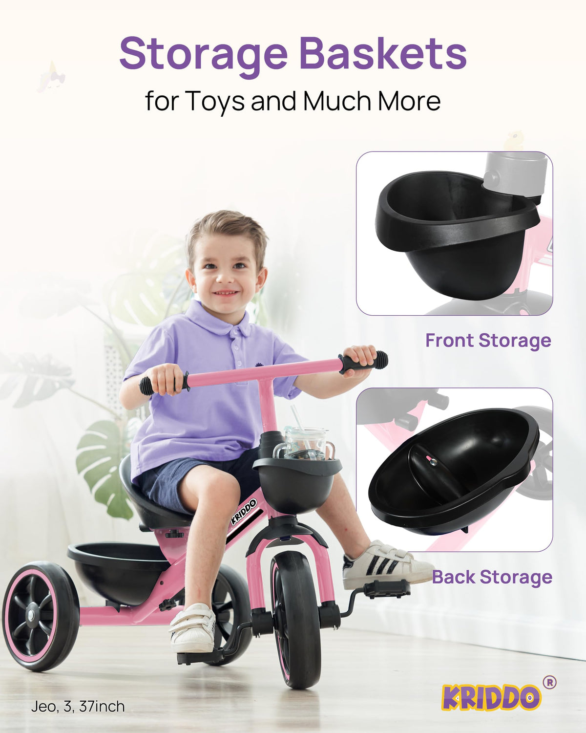 KRIDDO Toddler Tricycle for Toddlers Age 2-5, Tool-Free Trike