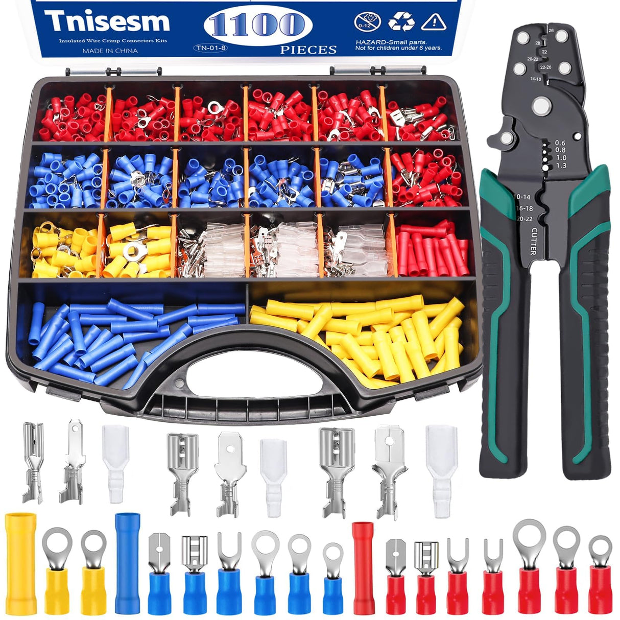 Tnisesm 1100PCS Wire Connector Kit with Crimping Tool, Copper Insulated Electrical Wire Terminals - Ring, Butt, Spade, Fork, Assorted Crimp Connectors in Reusable Carrying Case