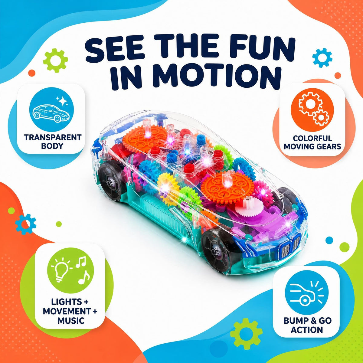 ArtCreativity Light-Up Transparent Sensory Car Toy, Bump-and-Go, Ages 3+