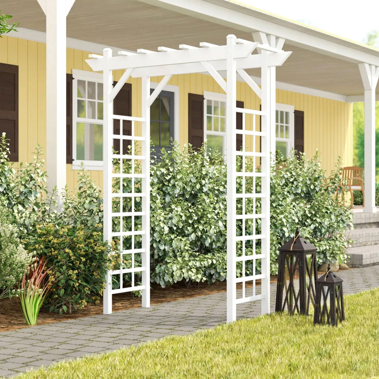 Dura-Trel Providence Arbor, Vinyl Garden Archway for Outdoors, 64" x 85", White - Backyard Decorative Arch and Backdrop with Lattice Design and Trellis Sides for Climbing Plants, Vines and Flowers