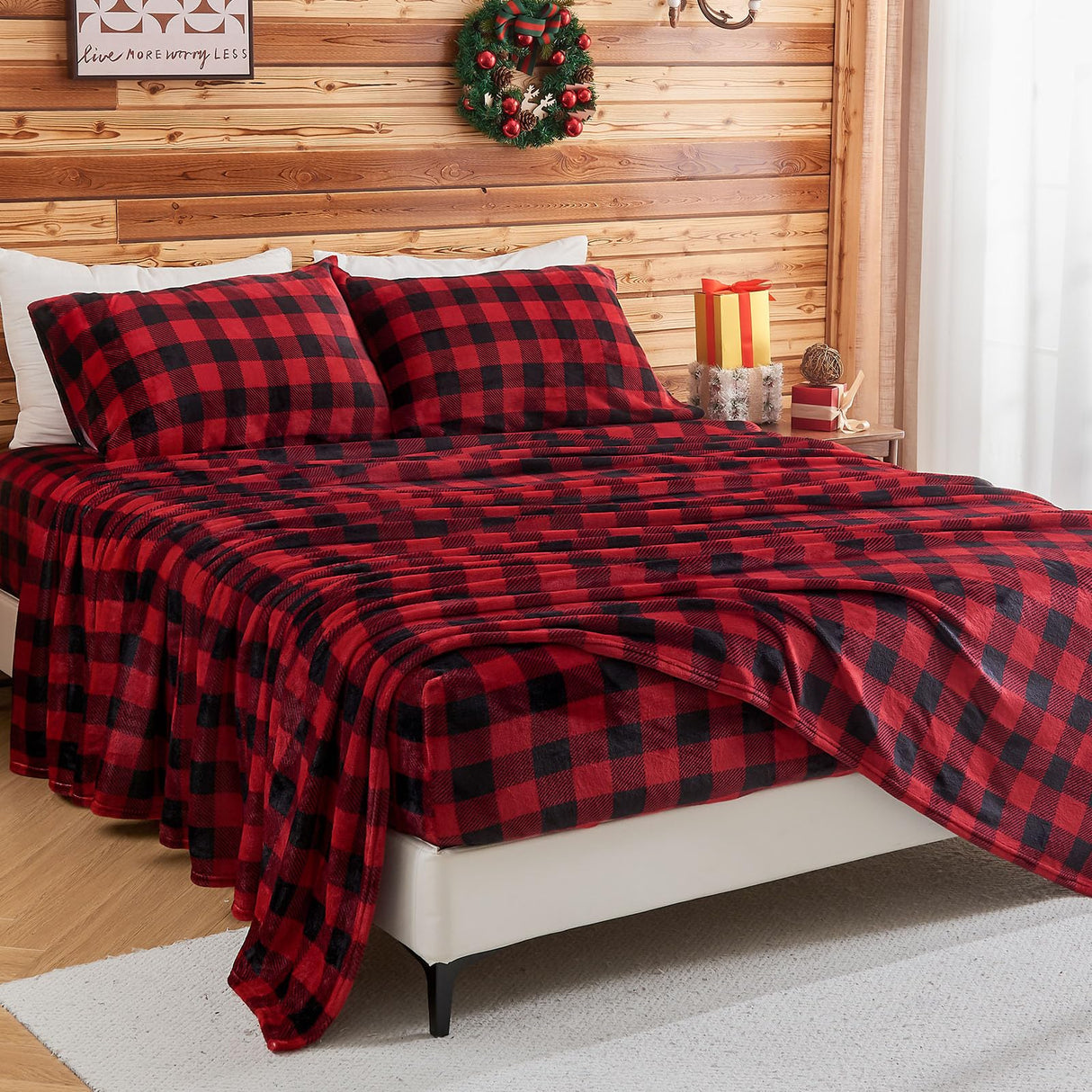 BEDELITE Flannel Sheets Queen Size Bed Set, Luxury Red and Black Plaid Christmas Bedding Set, Super Soft & Warm Fuzzy Fleece Sheets 4 Piece(Include Fitted Sheet, Flat Sheet, 2 Pillowcases)