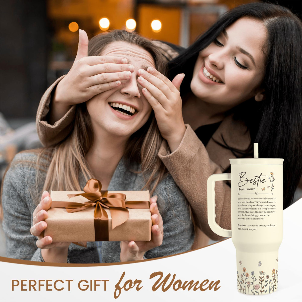 Best Friend Tumbler with Handle 40oz, Bestie Cups for Women Stainless Steel Coffee Travel Tumblers with Straw, Bestie Gifts for Female Friends BFF, Friendship Gift for Birthday Christmas Valentines