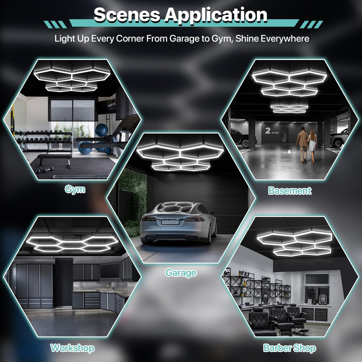 Litezone Hexagon Garage Lights, 14 Grids LED Garage Hexagon Lights with Rectangle Frame, 6500K Super Bright Honeycomb Lights for Garage, Warehouse, Car Detailing Shop, Exhibition Hall, Gym