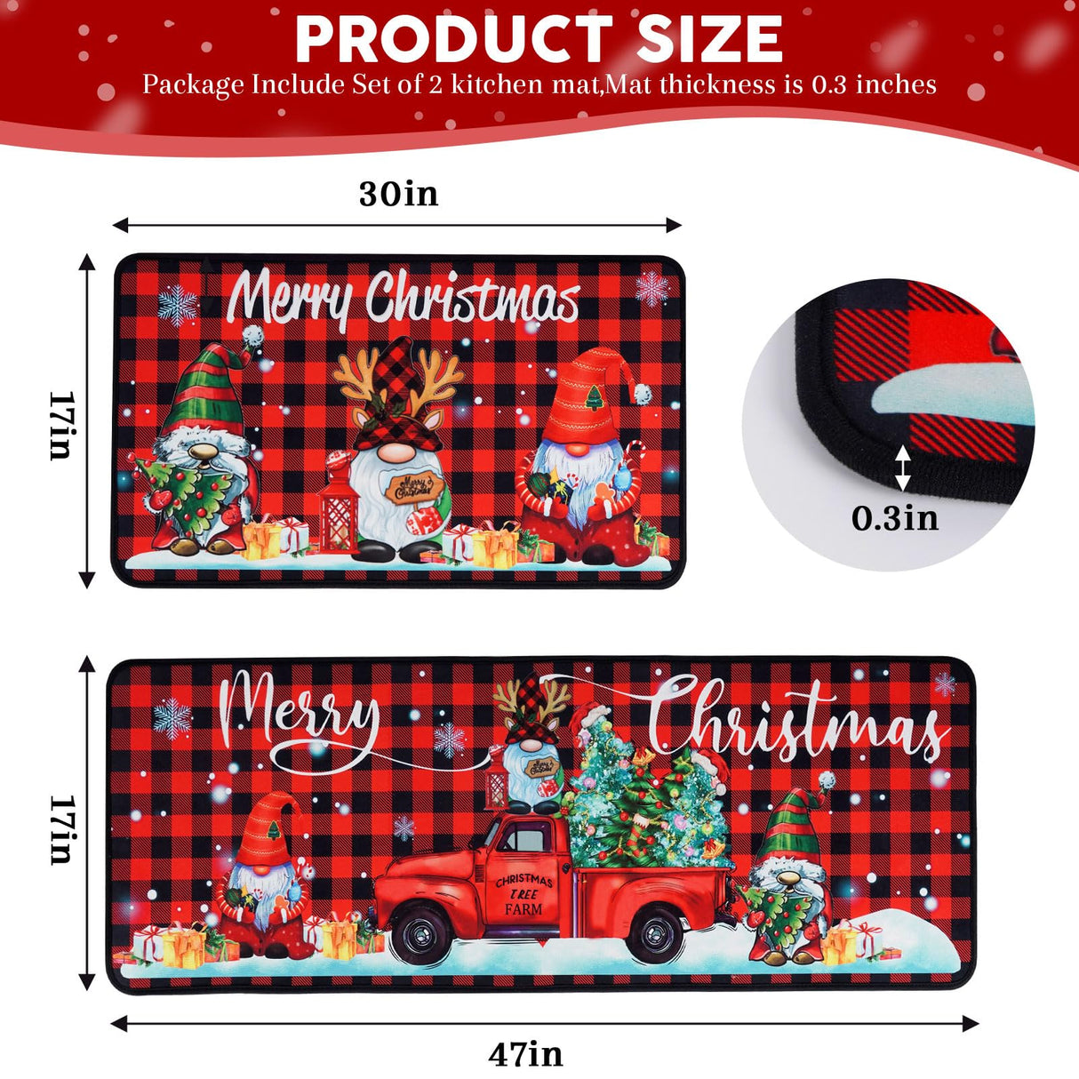 Christmas Kitchen Mats, Merry Christmas Kitchen Rugs Set of 2 - Red Black Buffalo Plaid Christmas Kitchen Decor - Gnome Truck Xmas Decorations for Floor,Bathroom,Living Room,Doorway 17"x30"+17"x47"