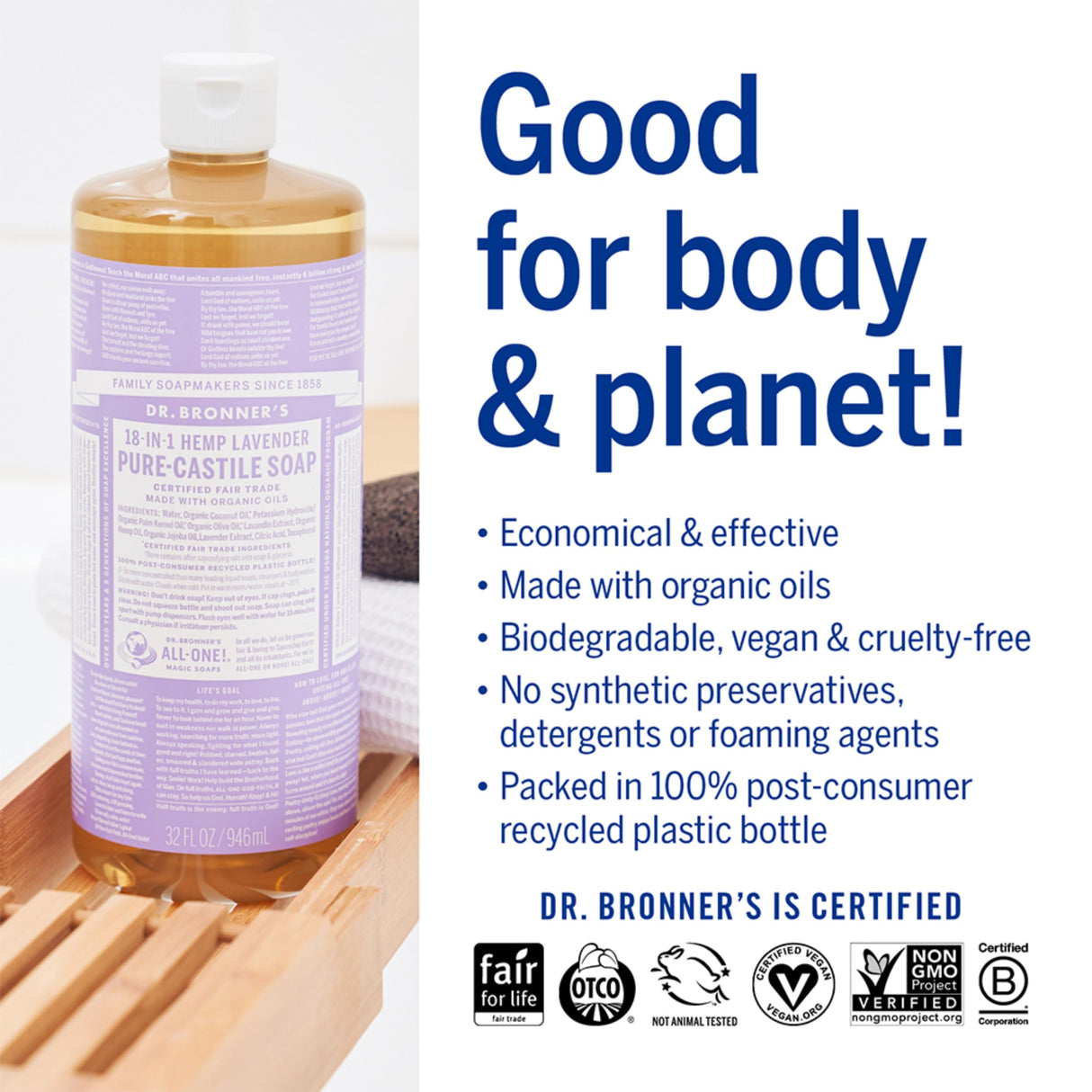 Dr. Bronner's - Pure-Castile Liquid Soap (Lavender, 1 Gallon) - Made with Organic Oils, 18-in-1 Uses: Face, Body, Hair, Laundry, Pets and Dishes, Concentrated, Vegan, Non-GMO