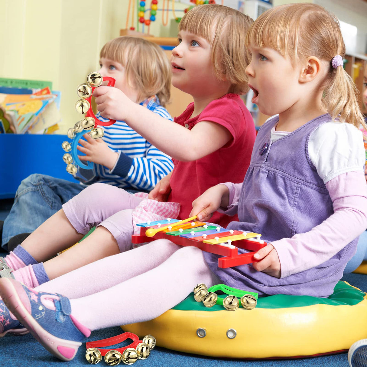 Yeshone 32 Pcs Hand Bells Jingle Bells Bulk Back to School Supplies Tambourine Noise Makers for Kids Adults Musical Instruments Church School Concert Birthday Party Operation Christmas Gifts