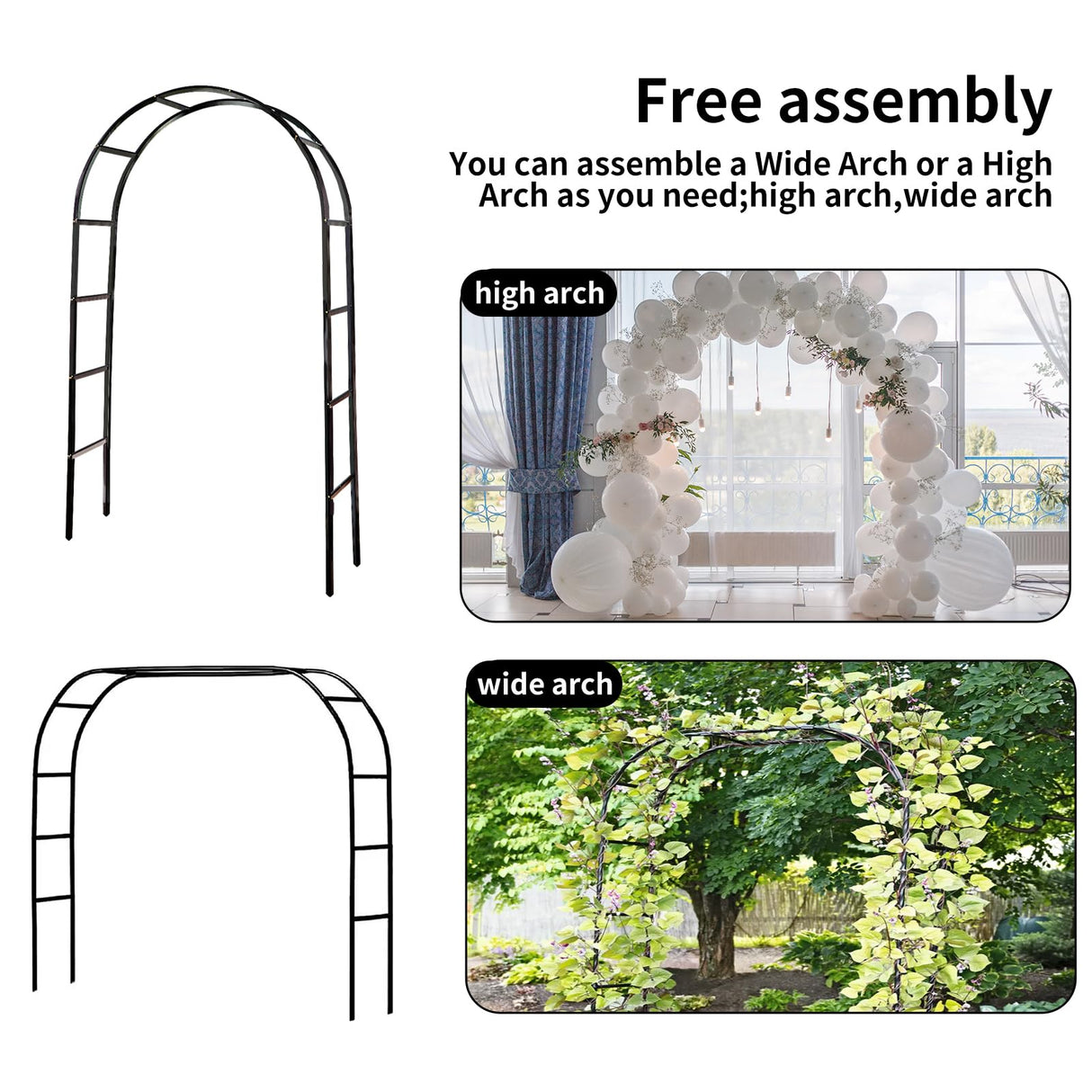 RUBFAC 94" Metal Garden Arch Trellis for Climbing Plants Outdoor, Garden Arbors and Arches, Wedding Arch Frame Archway for Balloons Pumpkin Vines Halloween Christmas Party Decoration, Black