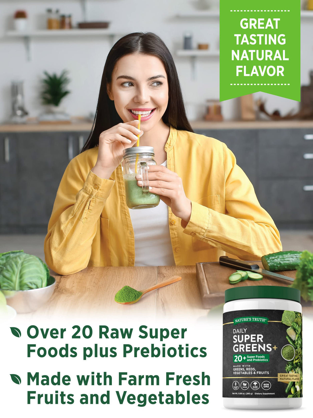 Nature's Truth Super Greens Superfood Powder Supplement | Fruit & Vegetables Blend | Juice & Smoothie Mix | 9.88 oz | Vegan, Non-GMO & Gluten Free