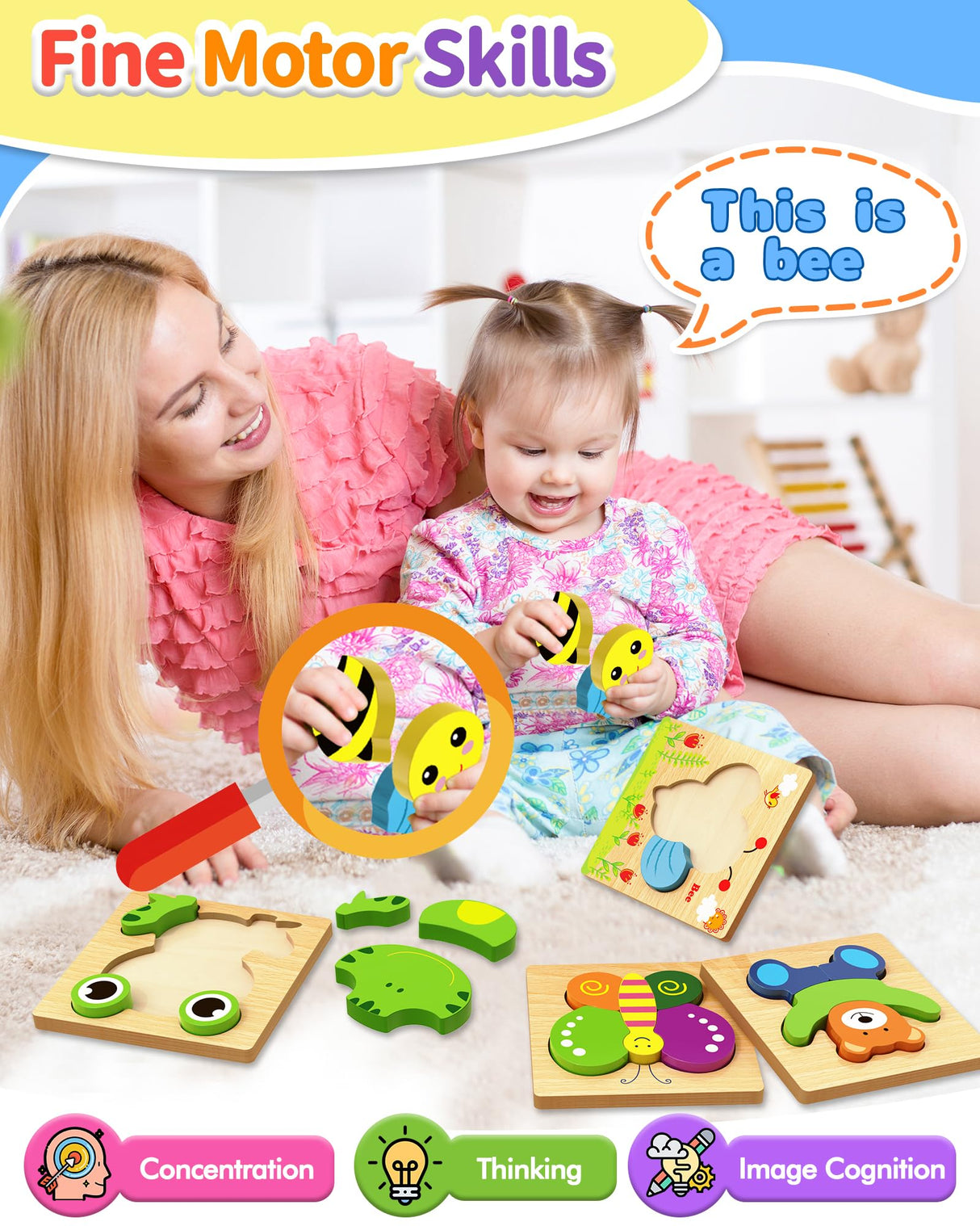 Bekayshad Wooden Puzzles Toddler Toys Gifts for 1 2 3 Year Old Boys Girls, Animal Jigsaw Puzzles Montessori Toys, Learning Educational Christmas Birthday Gifts for Girls Boys Ages 1-3