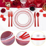 Ciaell 350 PCS Clear and Red Plastic Plates – Red Dinnerware Set for 50 Guests Include 100 Plastic Plates, 50 Pre Rolled Napkins with Cutlery Set, 50 Cups for Wedding & Party & Anniversary & Christmas
