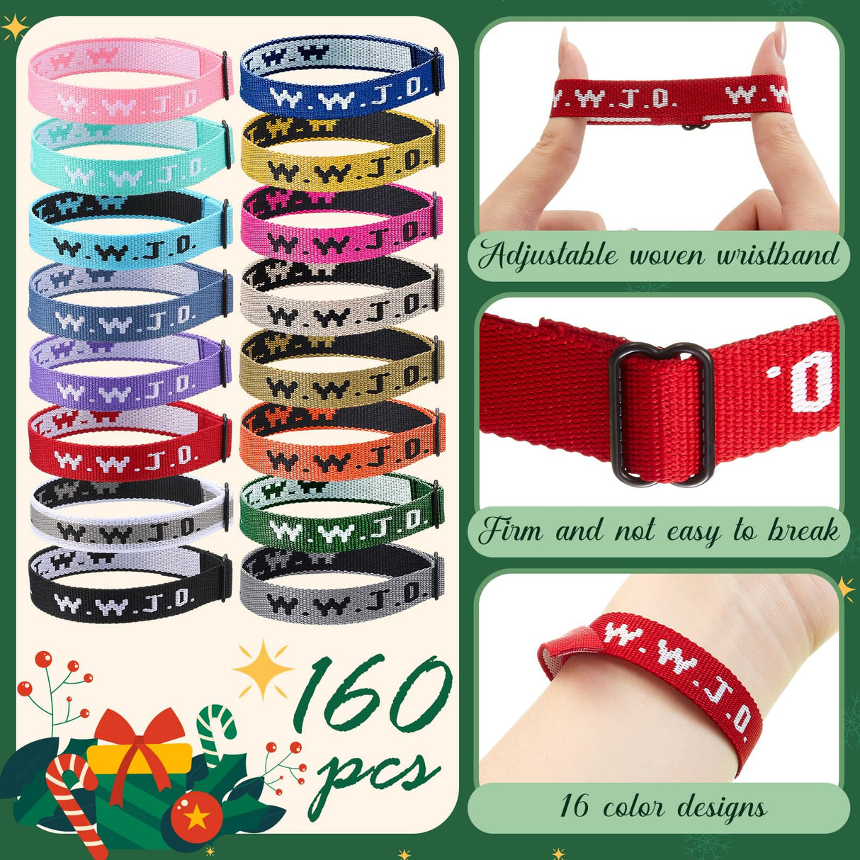 XunYee 160 Pcs WWJD Webbing Bracelets What Would Jesus Do Christian Gifts Adjustable Religious Bracelets for Church Women Men (Bright Color)