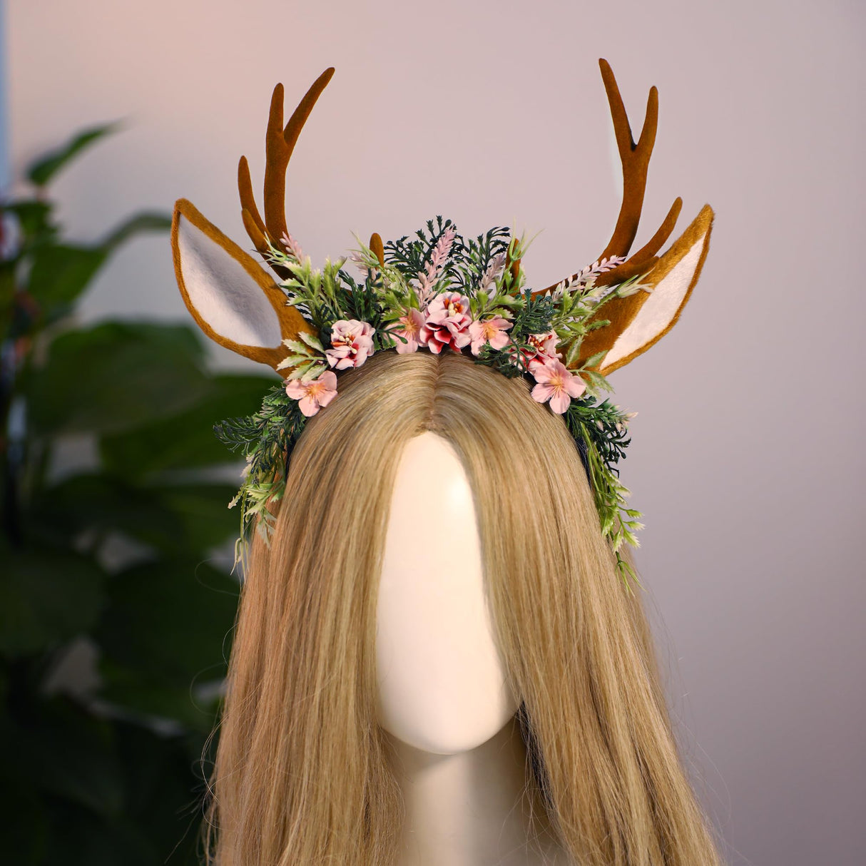 MOSTORY Handmade Antler Headband Brown - Adjustable Reindeer Horns Crown with Ears Fairy Flower Woodland Headpiece for Renaissance Christmas Cosplay Prom Fae Ball Costume Photo Prop