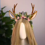 MOSTORY Handmade Antler Headband Brown - Adjustable Reindeer Horns Crown with Ears Fairy Flower Woodland Headpiece for Renaissance Christmas Cosplay Prom Fae Ball Costume Photo Prop