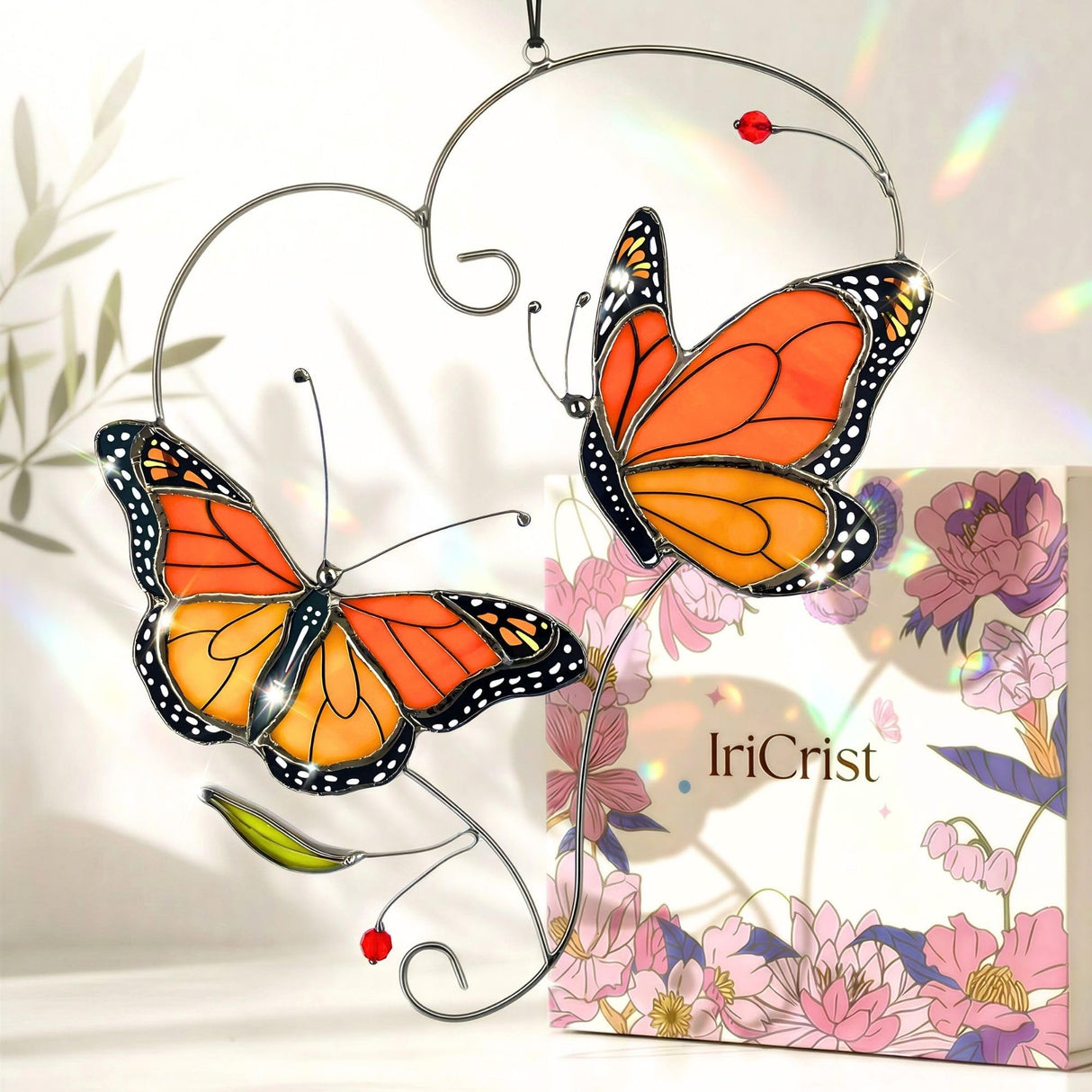 Iricrist Monarch Butterfly Gifts for Grandma & Mom, Butterflies Suncatcher Stained Glass Window Hanging, Real Handmade Sun Catcher Indoor Window, Decorations in Garden Decor, Ornament for Mother