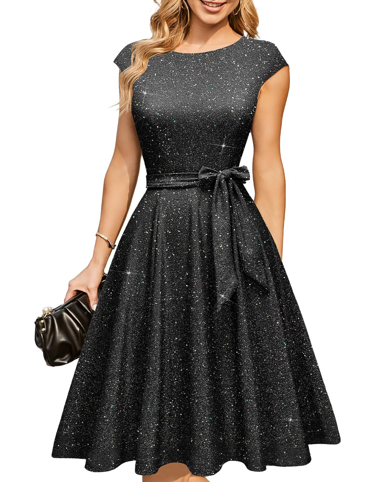 DRESSTELLS Women's Sparkly Sequin Cocktail Holiday Christmas Party Dresses, Formal Wedding Guest Fit Flare Vintage Teen Evening Gown Glitter Black L