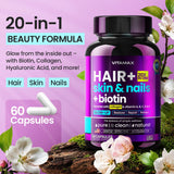 Biotin | Collagen | Keratin Booster with Hyaluronic Acid - Thicker Hair Growth, Healthy Skin & Stronger Nails Supplement – Extra Strength - Multi Vitamin B Complex - Women & Men - Made in USA - 60ct