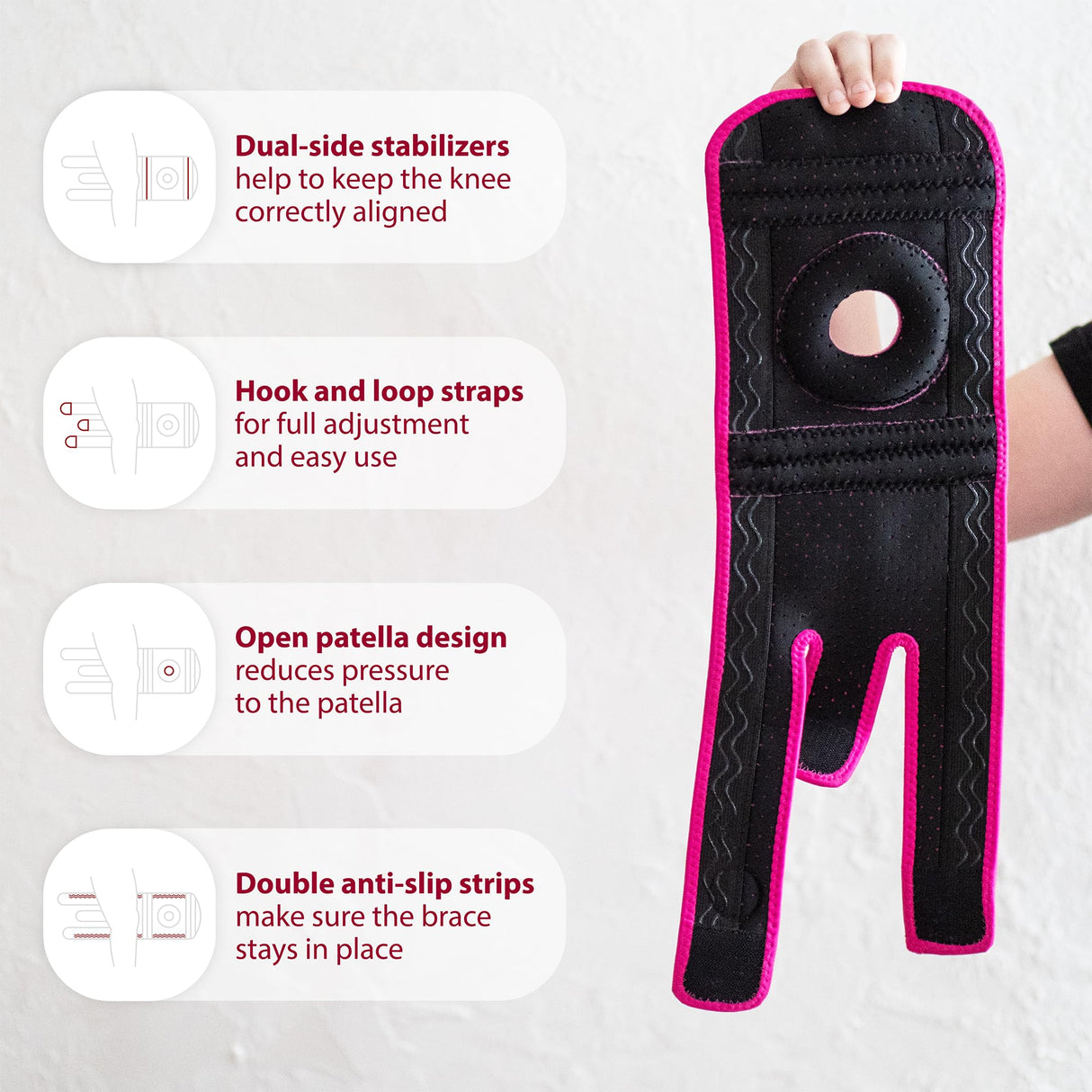 KARM Kids Knee Brace - Osgood Schlatter Knee Brace Youth for Kids, Sports, Pain, Arthritis, Patella, Meniscus Tear, MCL, ACL - Adjustable Compression Support for Child, Boys & Girls (Pink)