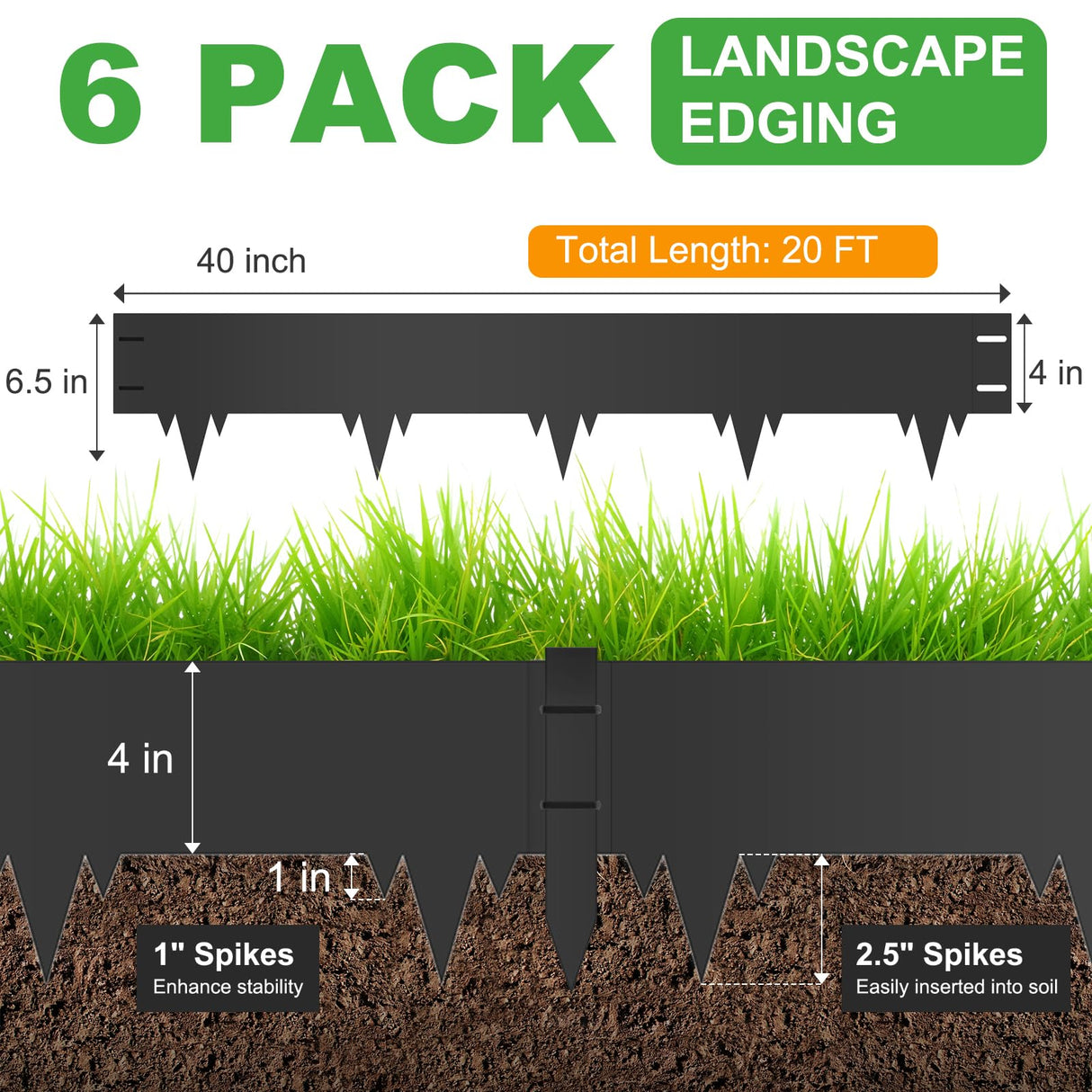 6-Pack Metal Landscape Edging (20ft Total), 40" x 6.5" Steel Garden Edging Border w/ 6 Stakes, Rustproof Hammer-in Edging for Landscaping, Lawn, Yard, Tree Rings, Flower Beds