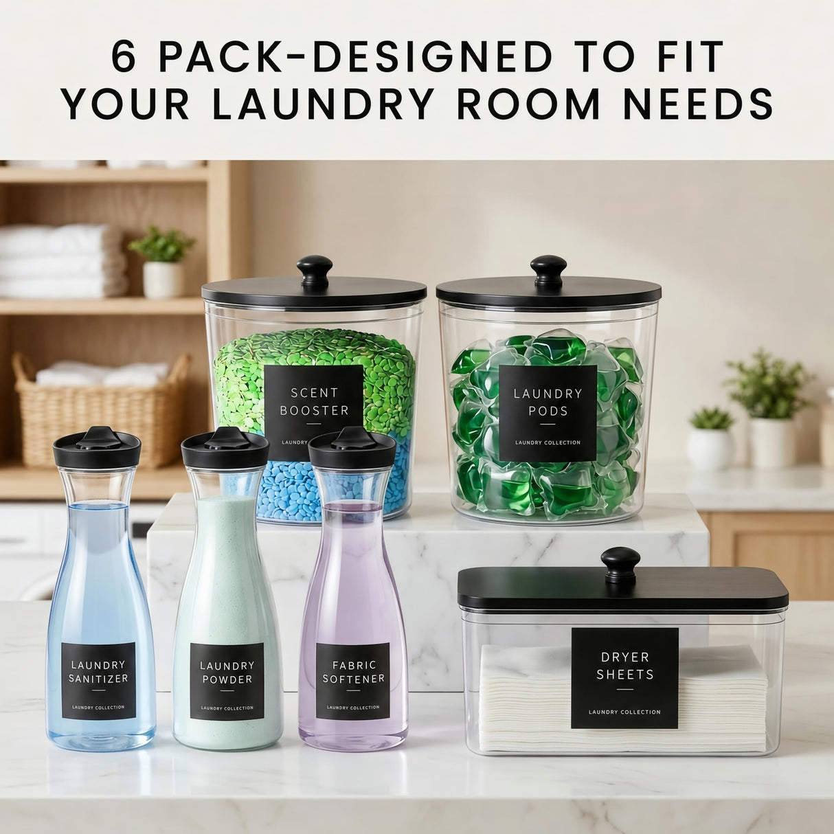 WENDORLO 6 Pack Laundry Pods Containers & Dryer Sheet Holder & Laundry Detergent Dispenser, Laundry Room Organization and Storage Jars with Lids, Labels and Scoops for Scent Booster, Powder, Pods
