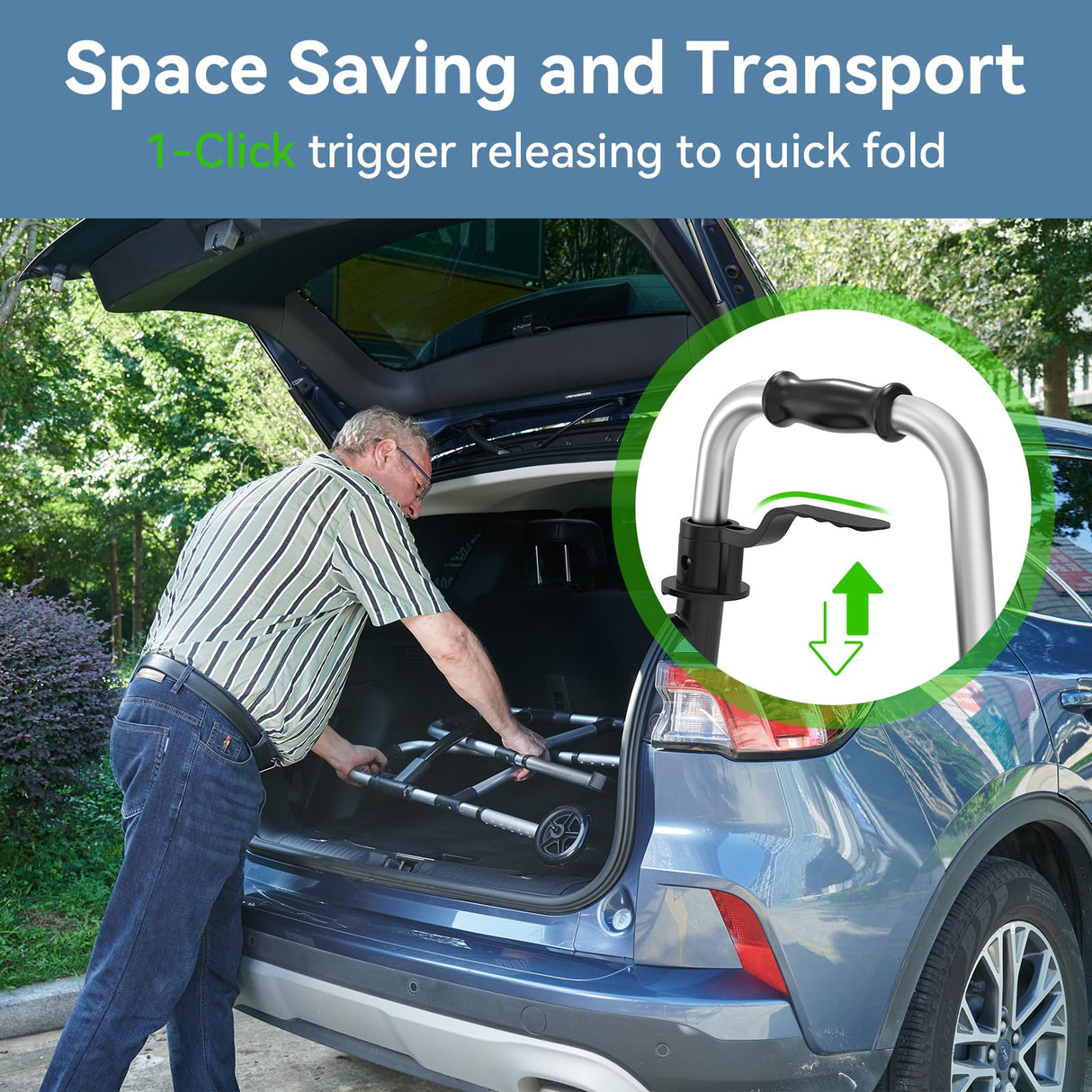 FSA/HSA Eligible Folding Walker with Large Basket and 2 Glide Skis, 5" Wheels Lightweight Walkers for Seniors and Adults, Supports Up to 350 Pounds, Adjustable Height, Compact Standard Walker