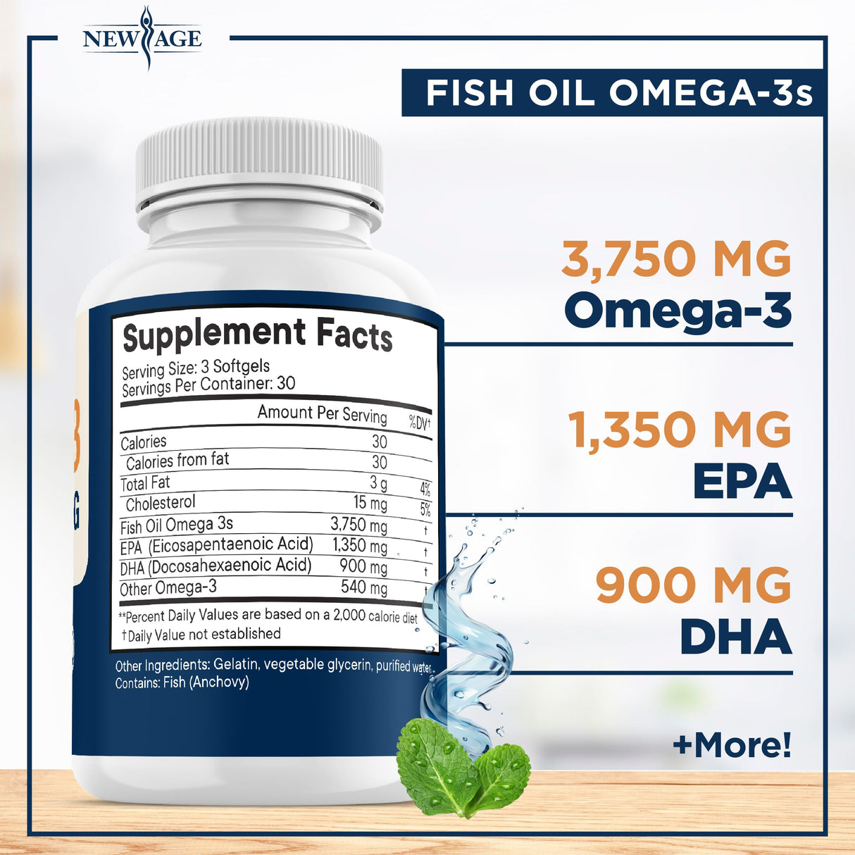 Triple Strength Omega 3 Fish Oil 3750 mg - EPA & DHA - Over 3000mg Omega-3 Fatty Acids - 1350mg EPA + 900mg DHA - Best Essential Fatty Acids, Burpless Fish Oil - 180 Count