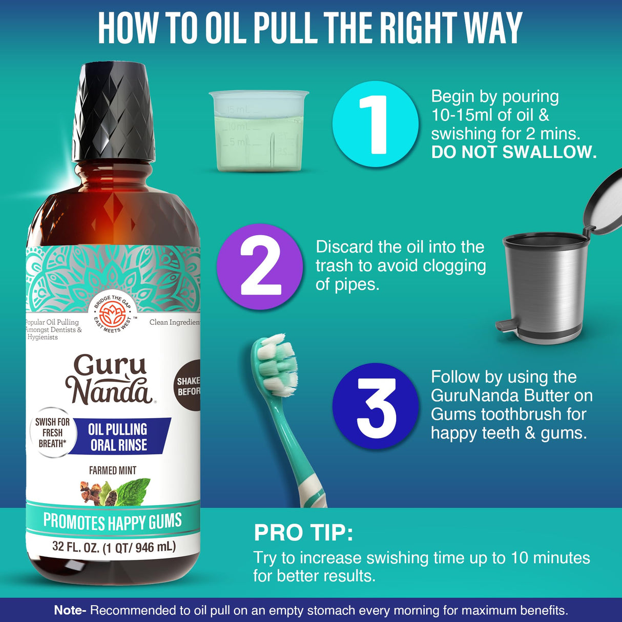 GuruNanda CocoMint Oil Pulling Mouthwash for Complete Oral Hygiene, 7 Essential Oils & Vitamins for Happy Teeth & Gums & Fresh Breath, Alcohol-Free, 32 oz