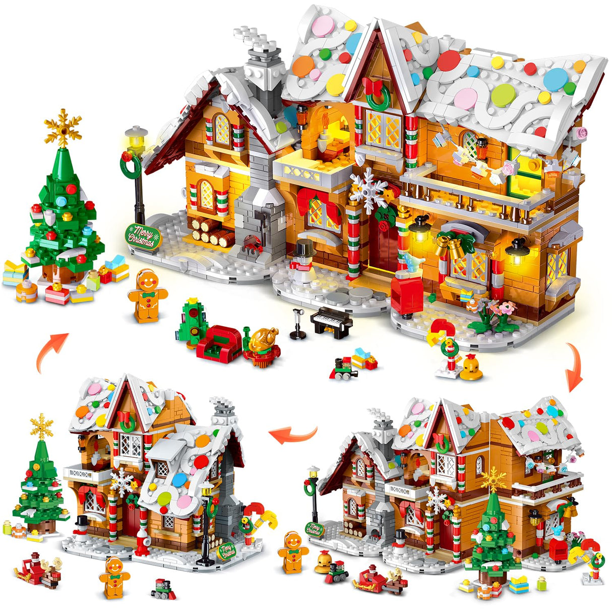 3 Style Christmas Gingerbread House Building Set with Lights - 2025 Christmas Castle Village Building Block Toy with Santa Claus Xmas Tree Train Gifts for Adults Kids Girls Boys Ages 6+ (1477PCS)