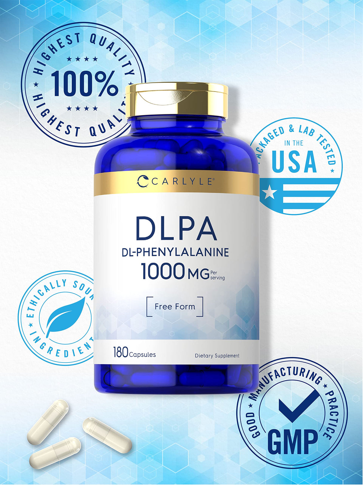 Carlyle DL-Phenylalanine | 1000mg | 180 Capsules | Non-GMO and Gluten Free Formula | DLPA Free Form Supplement