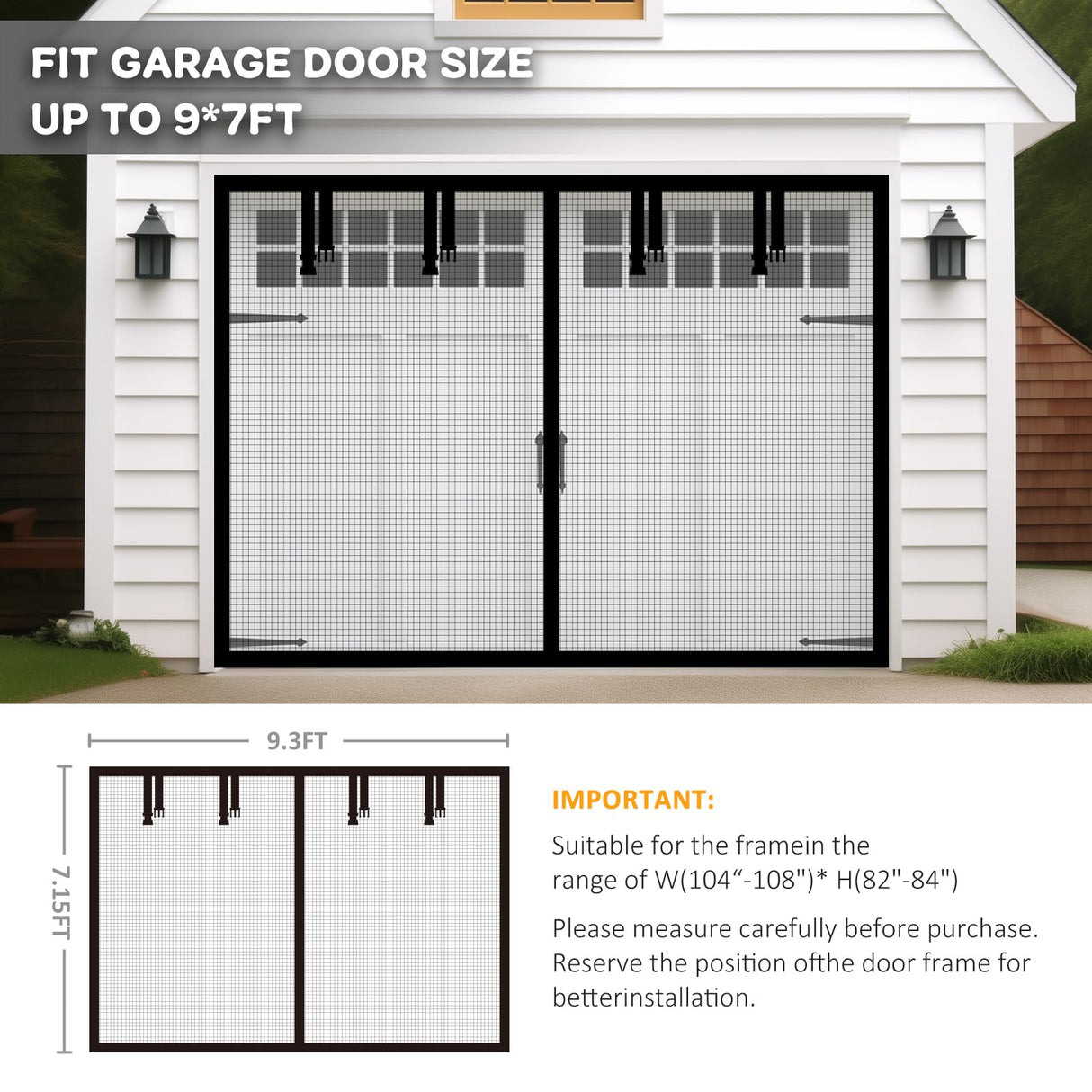 Aurelio TECH Magnetic Garage Door Screen for 1 Car 9x7 ft Single Garage Door Mesh Screen Curtain Cover Kit with Hook and Loop, Black (GSD-0009-07)