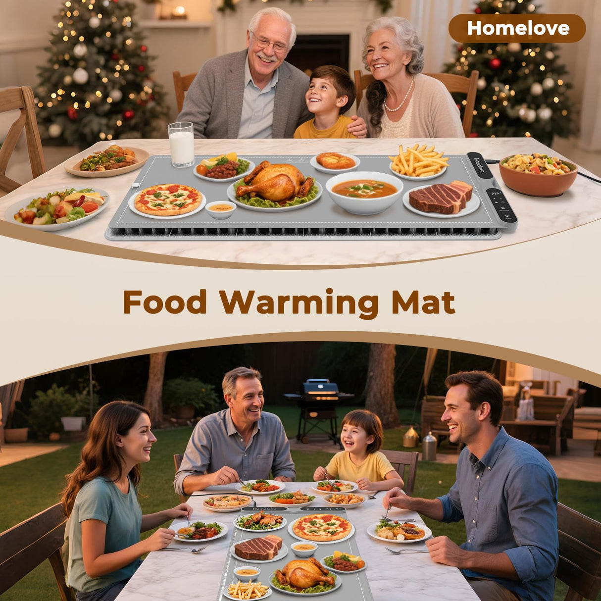 Homelove Warming Mat for Food - Fast Full Surface Electric Warming Tray with 7 Temp-Settings & 8H Timer, Portable Roll Up Food Warmer with Heat Insulation Pad for Gatherings Parties Buffet XXL-Grey