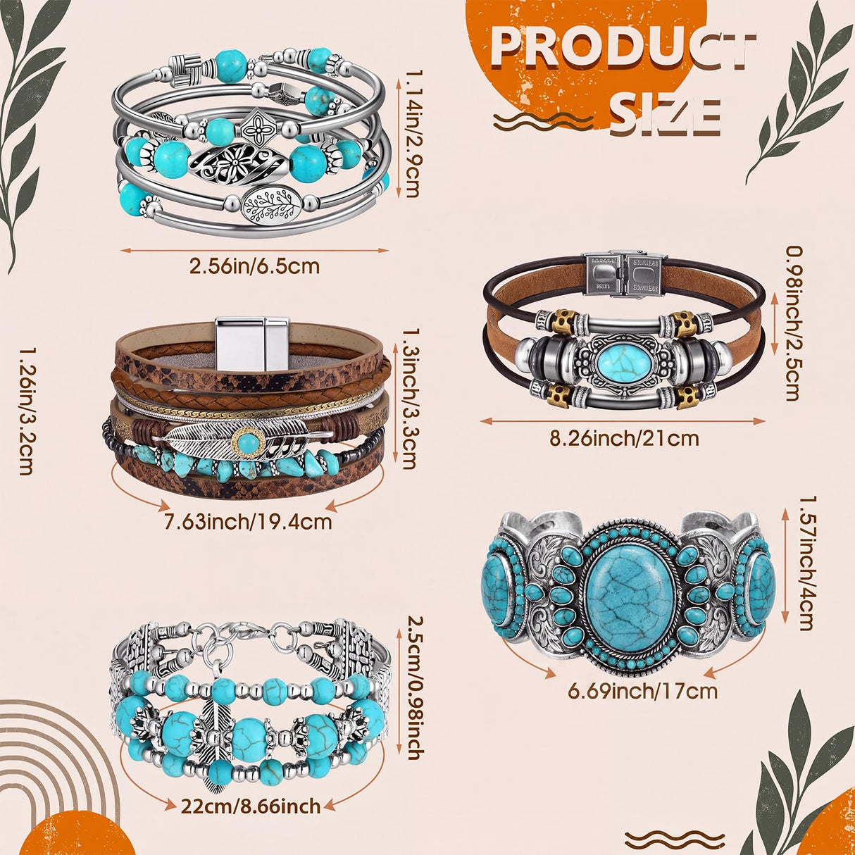 Sasylvia 6 Pcs Turquoise Bracelet for Women Leather Bracelet Western Jewelry for Women Multilayer Boho Cuff Bangle Set(Retro)