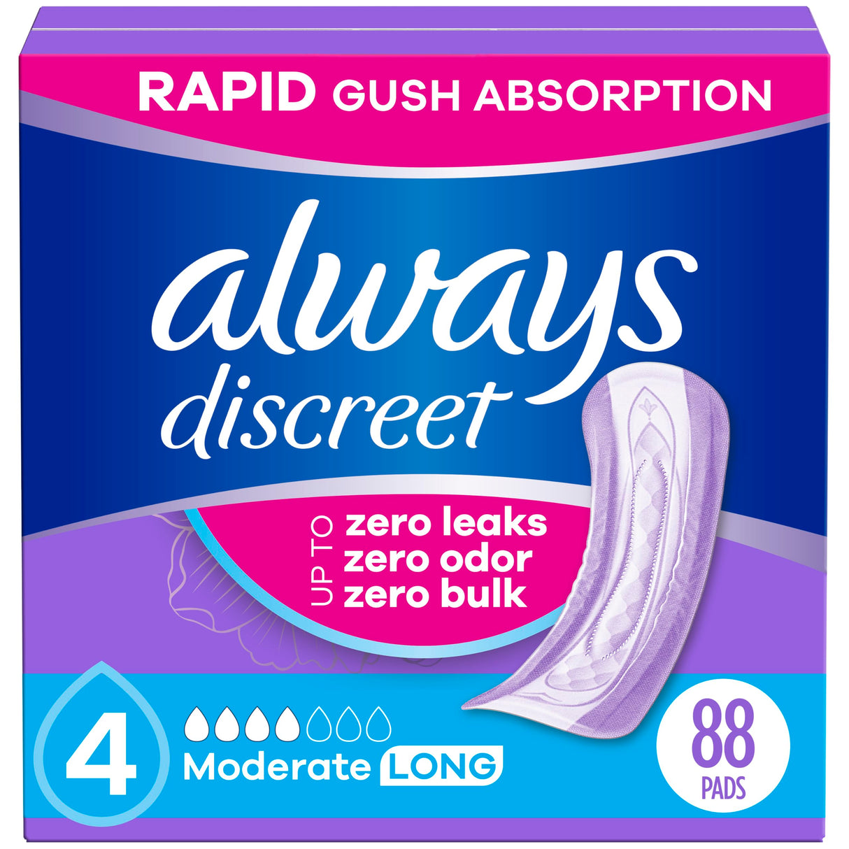 Always Discreet Adult Incontinence Pads for Women, Moderate Absorbency, Long Length, Postpartum Pads, 88 CT