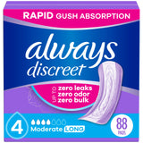 Always Discreet Adult Incontinence Pads for Women, Moderate Absorbency, Long Length, Postpartum Pads, 88 CT