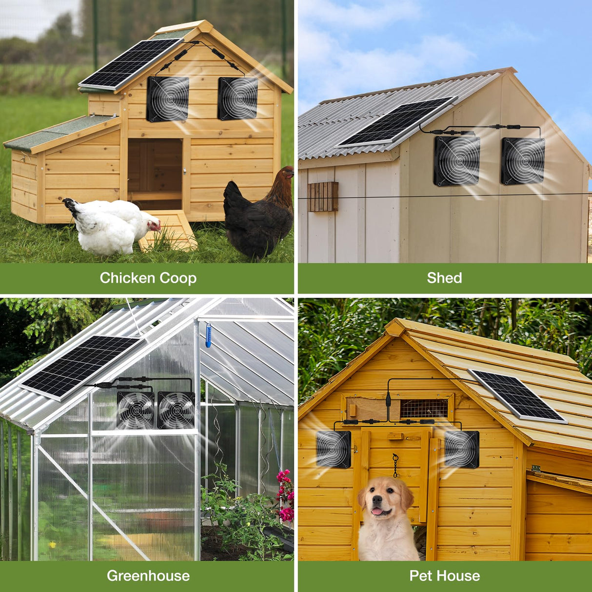 Roodike 5.5" Waterproofed Solar Powered 2 Fan Kits for Outdoor Chicken Coop, Greenhouse, Shed, Pet House Intake or Exhaust Air Circulation