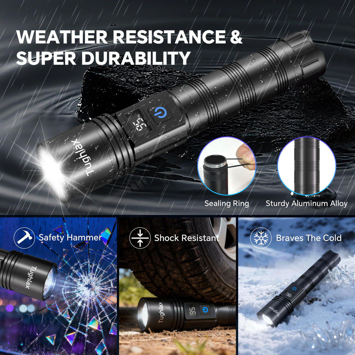 Tughlax LED Rechargeable Flashlights 9900 High Lumens 2Pack, Super Bright Flashlight, Zoomable Powerful Camping Flashlights with LCD Digital Display, 5 Modes Waterproof Flash Light for Home