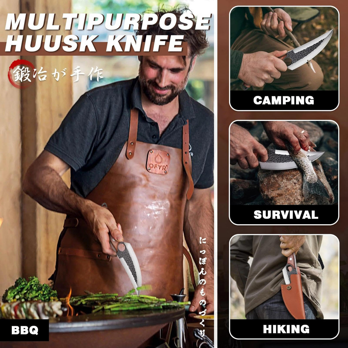 ROCOCO 3PCS Butcher Cleaver Knife Set for Meat Cutting Serbian Chef Knife Viking Boning Cleaver with Sheaths for Kitchen Outdoor BBQ Camping Birthday Father Mother Christmas Gift Idea Men