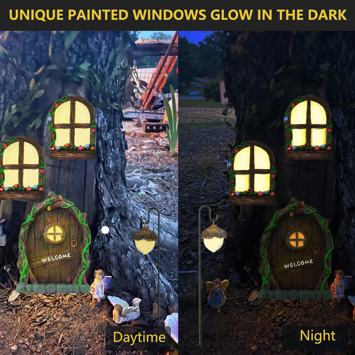 Jauay Miniature Fairy Garden Accessories: Glow in The Dark Fairy Door and Windows for Trees, Green Resin Garden Ornament with Lantern