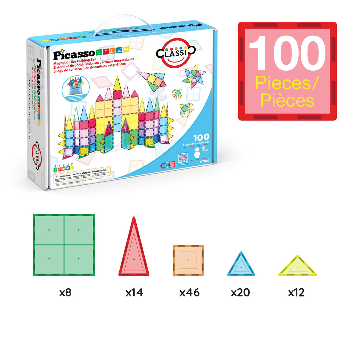 PicassoTiles 100 Piece Magnetic Tiles, Clear 3D Building Blocks for Ki ...