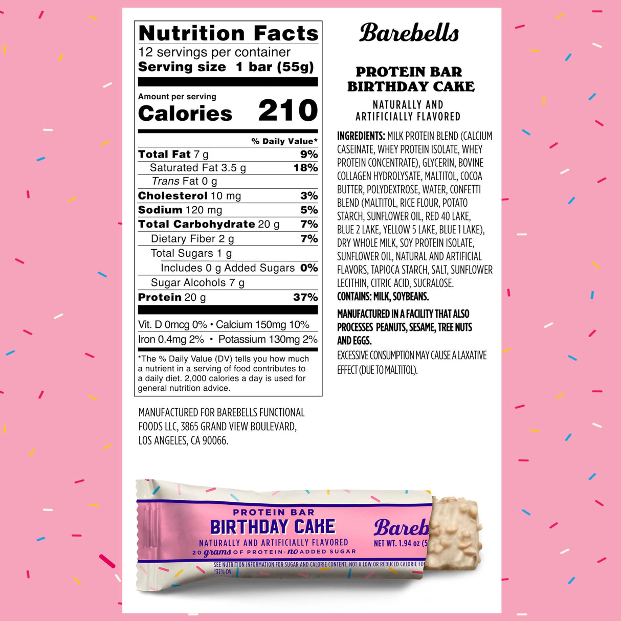 Barebells Protein Bars Birthday Cake - 12 Count, Pack of 2 - Protein Snacks with 20g of High Protein - Chocolate Protein Bar with 1g of Total Sugars - On The Go Protein Snack & Breakfast Bars…
