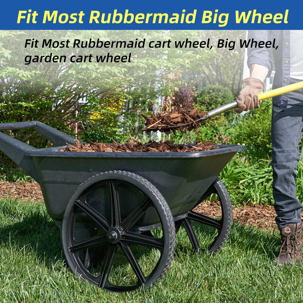 GICOOL 20" Flat Free Tire and Wheel, with 3/4" & 5/8" Bearing, 2.45" Centered Hub, Replacement Wheel For Rubbermaid Wheelbarrow, Garden Yard Cart, 2 Pcs