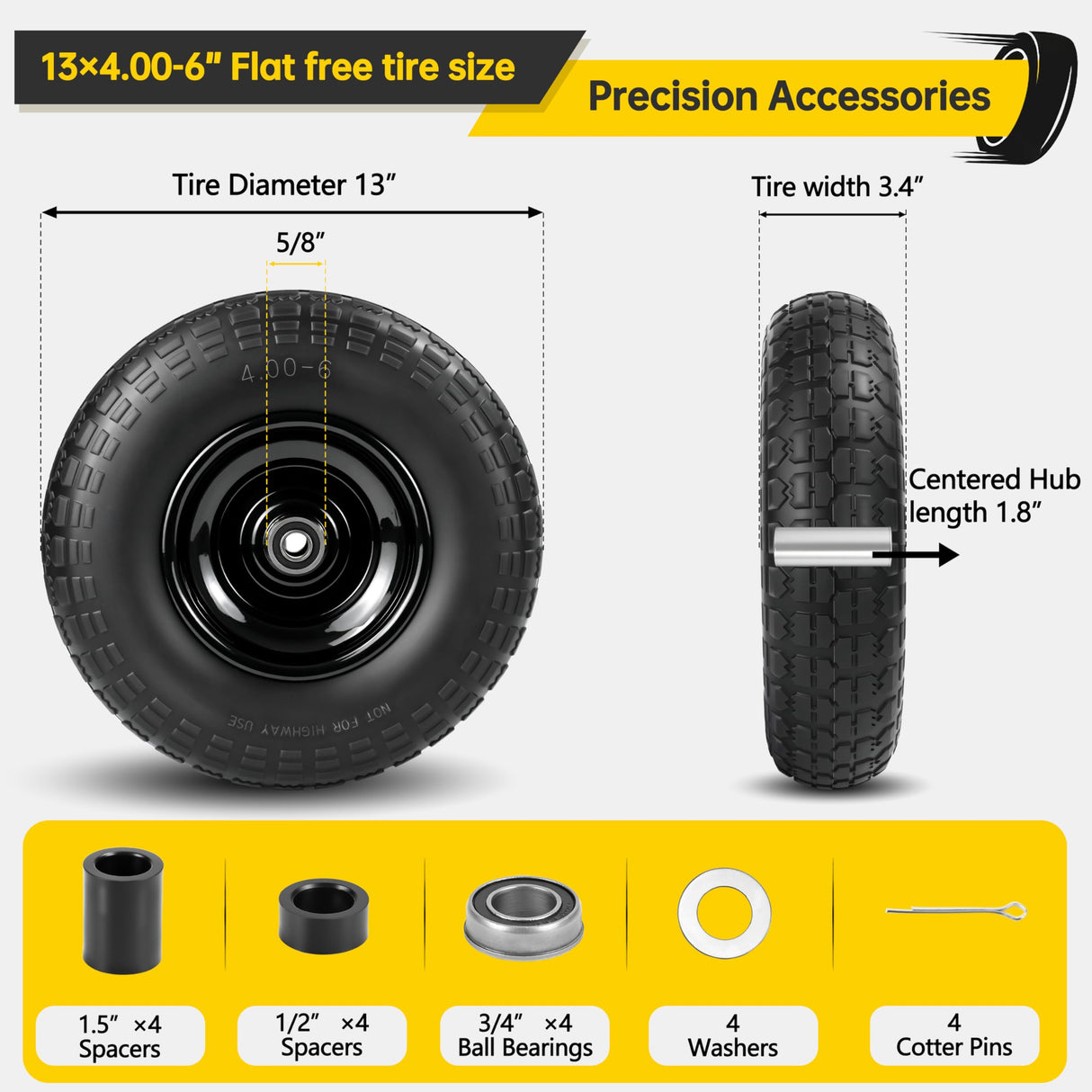 4Pc,13x4.0-6 Flat Free Tire and Wheel Replacement for Gorilla Cart,5/8"Axle