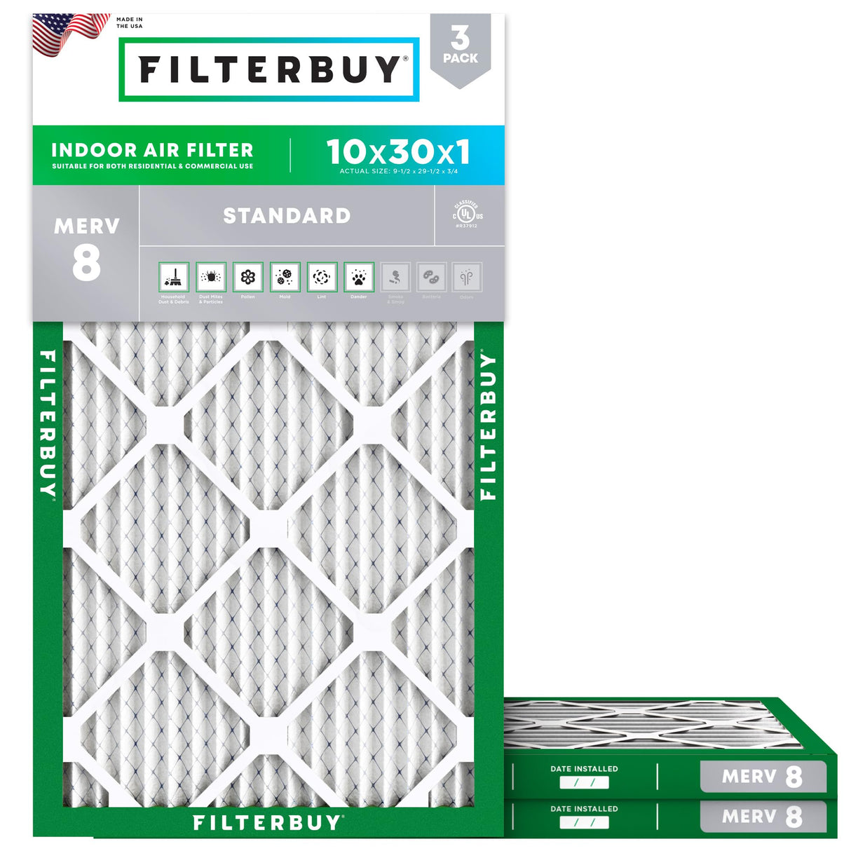 Filterbuy 10x30x1 Air Filter MERV 8 Essential Dust & Allergy Defense (3-Pack), Electrostatic Pleated HVAC AC Furnace Filters Replacement (Actual Size: 9.50 x 29.50 x 0.75)